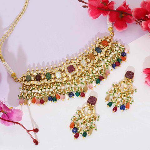 Colors of Royalty: Multi-Gemstone Jadau Choker Necklace Set