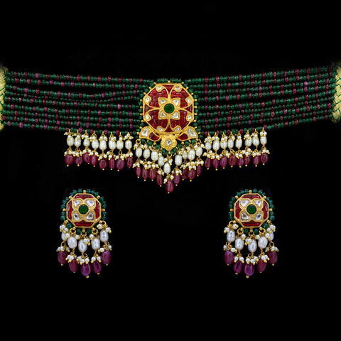 Gold Polki & Ruby Glass Filling Choker Set