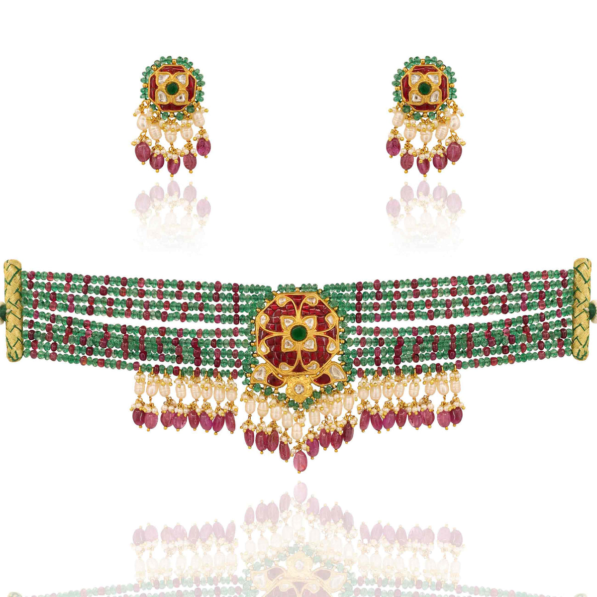 Gold Polki & Ruby Glass Filling Choker Set