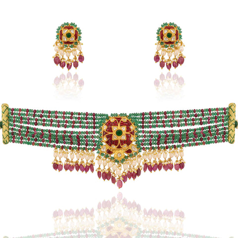 Gold Polki & Ruby Glass Filling Choker Set