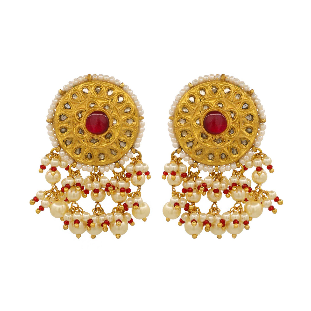 Round Floral Polki and Ruby Stud Earring