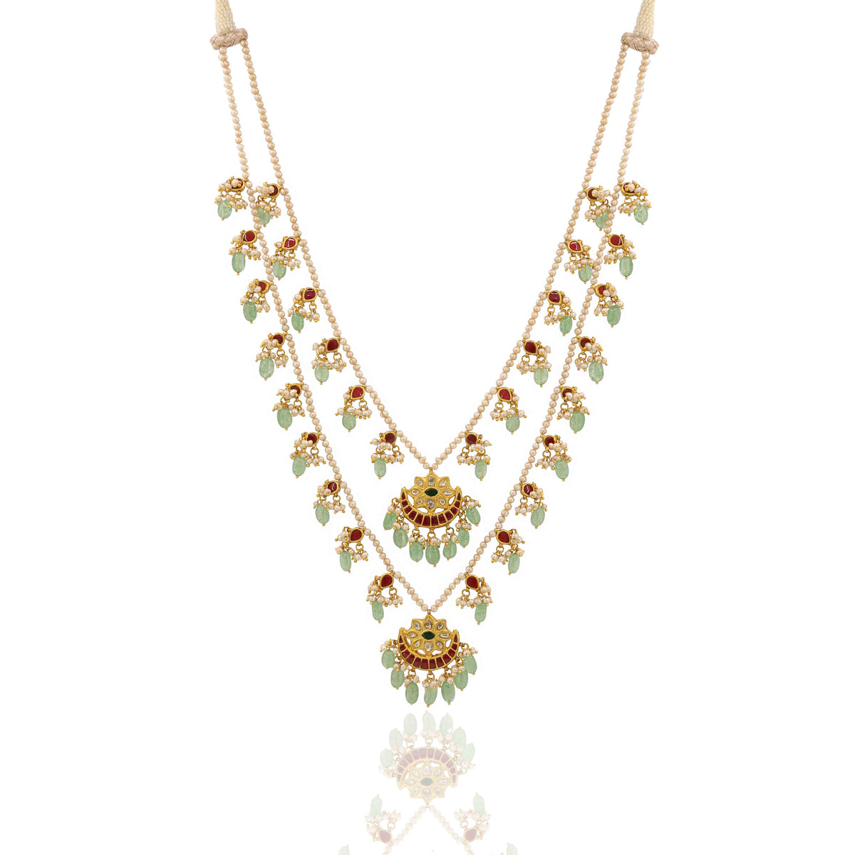 Multi-Strand Pearl Mala with Polki Accents and Gemstone Necklace