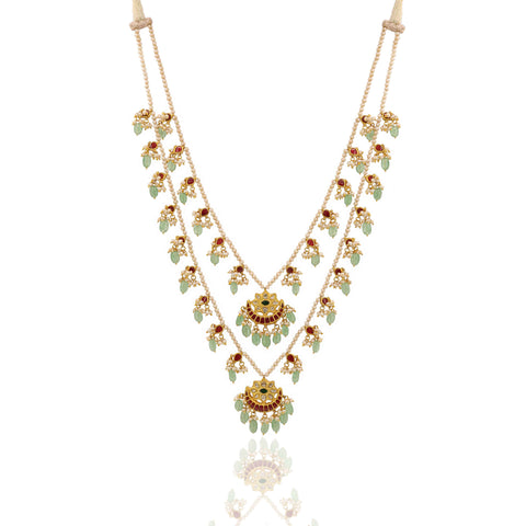 Multi-Strand Pearl Mala with Polki Accents and Gemstone Necklace