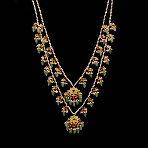 Multi-Strand Pearl Mala with Polki Accents and Gemstone Necklace