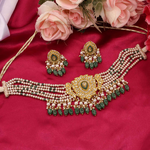 Polki Pearl Choker & Emerald Drops