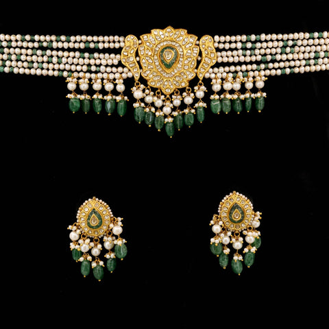 Polki Pearl Choker & Emerald Drops