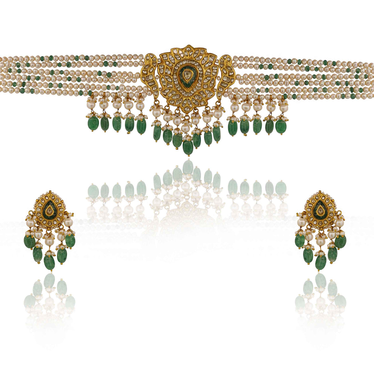 Polki Pearl Choker & Emerald Drops