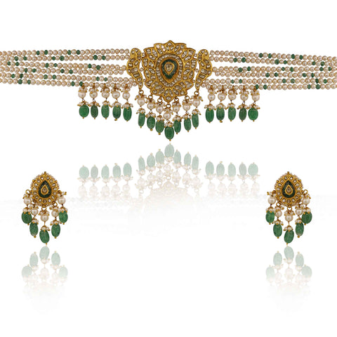 Polki Pearl Choker & Emerald Drops