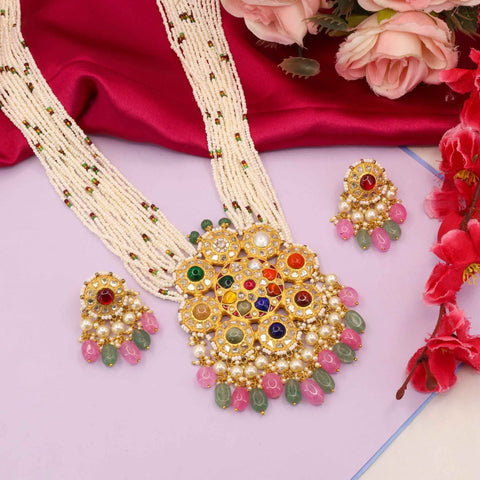 The Navratna Polki Pendant Set on Multi-Stringed Pearls