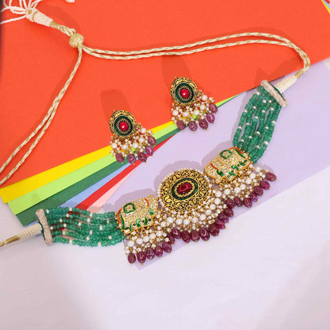 Gajraj' Polki & Emerald Beaded Choker Necklace Set