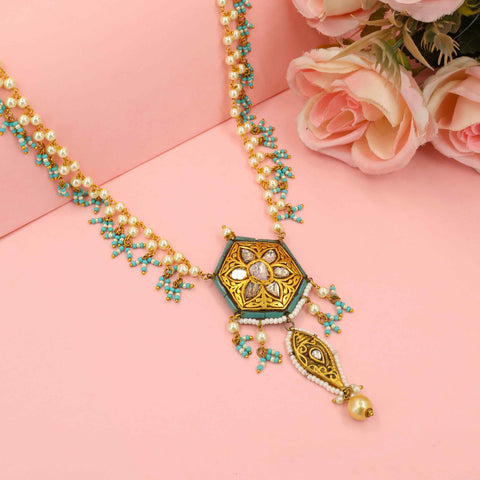 Two-Tiered Gold Polki and Turquoise Pendant Necklace