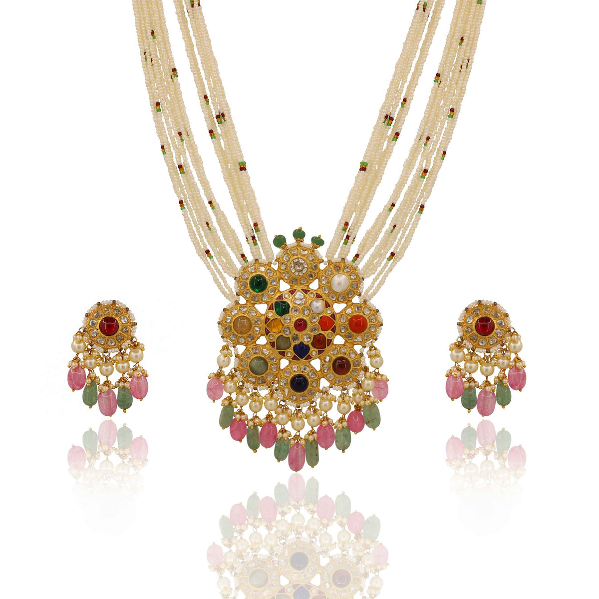 The Navratna Polki Pendant Set on Multi-Stringed Pearls