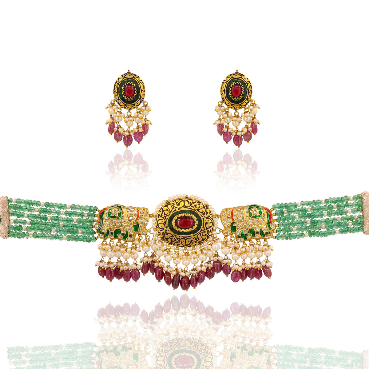 Gajraj' Polki & Emerald Beaded Choker Necklace Set