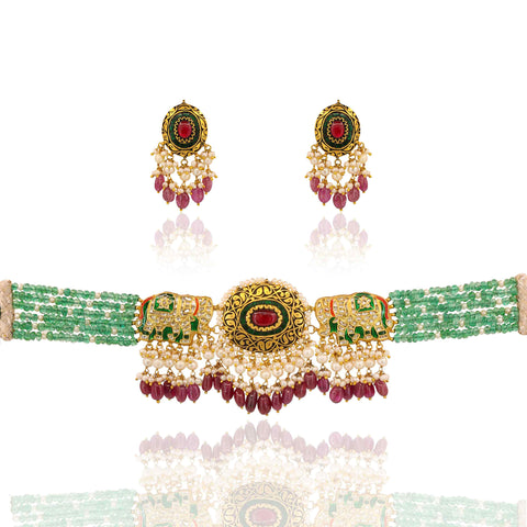 Gajraj' Polki & Emerald Beaded Choker Necklace Set