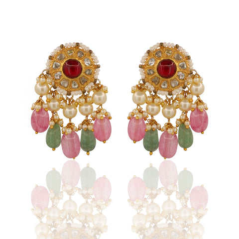 The Navratna Polki Pendant Set on Multi-Stringed Pearls