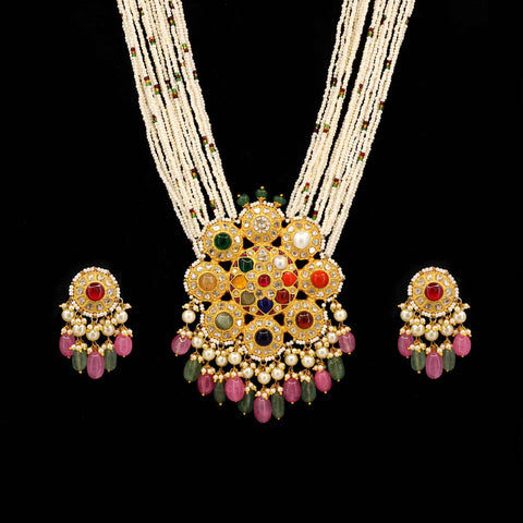 The Navratna Polki Pendant Set on Multi-Stringed Pearls