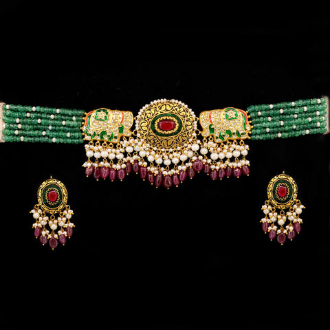 Gajraj' Polki & Emerald Beaded Choker Necklace Set