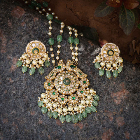 22kt Gold Syndicate Polki Diamond & Emerald Bead Necklace Set with Pearls
