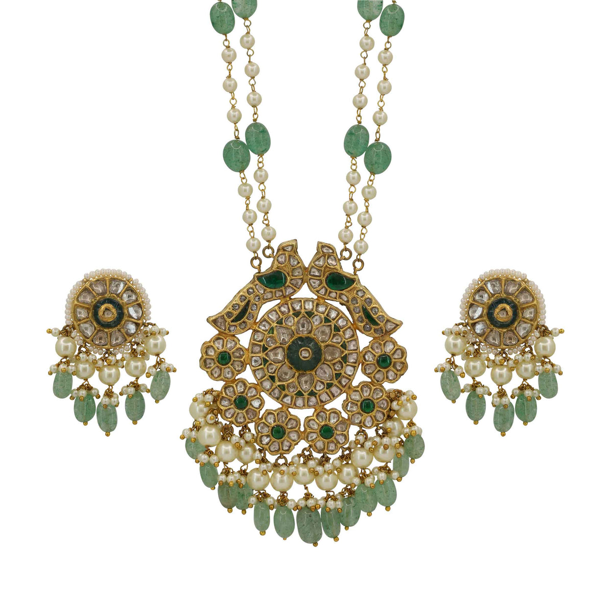 22kt Gold Syndicate Polki Diamond & Emerald Bead Necklace Set with Pearls