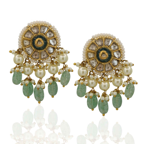 22kt Gold Syndicate Polki Diamond & Emerald Bead Necklace Set with Pearls