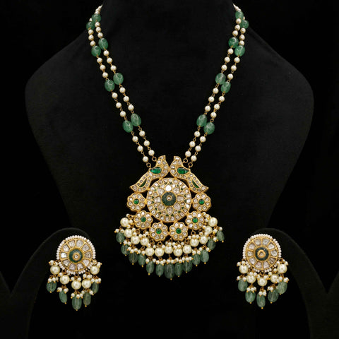 22kt Gold Syndicate Polki Diamond & Emerald Bead Necklace Set with Pearls