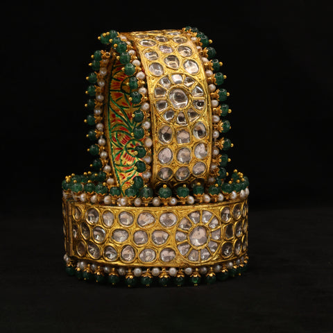 Gold Polki Diamond Bangle Pair with Emerald & Pearl String