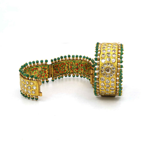 Gold Polki Diamond Bangle Pair with Emerald & Pearl String