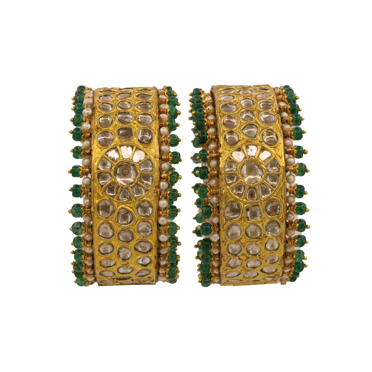 Gold Polki Diamond Bangle Pair with Emerald & Pearl String