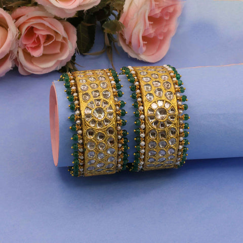 Gold Polki Diamond Bangle Pair with Emerald & Pearl String