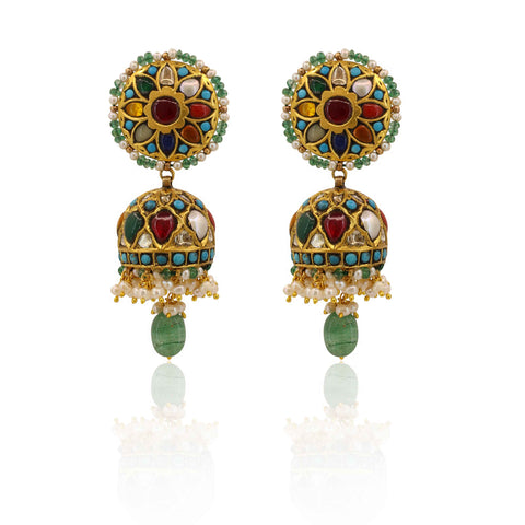 Mayura Multi-Stone & Emerald Jhumki