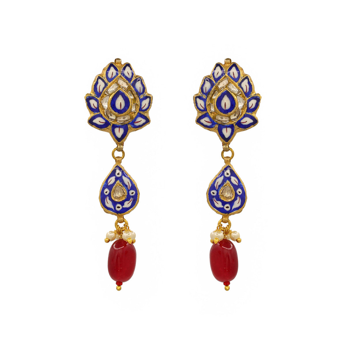 Blue Enamel and Polki Diamond Drop Earring
