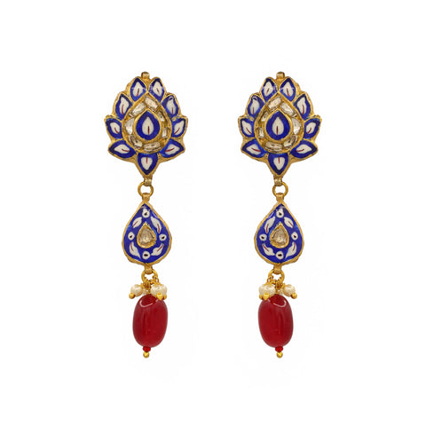 Blue Enamel and Polki Diamond Drop Earring