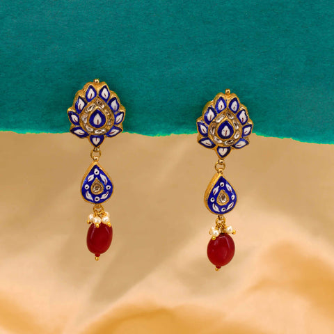 Blue Enamel and Polki Diamond Drop Earring