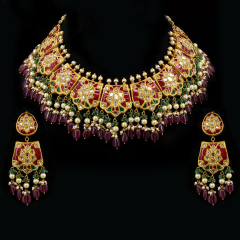 Royal Floral Polki Diamond Choker Set with Ruby Beads & Pearl Droplets