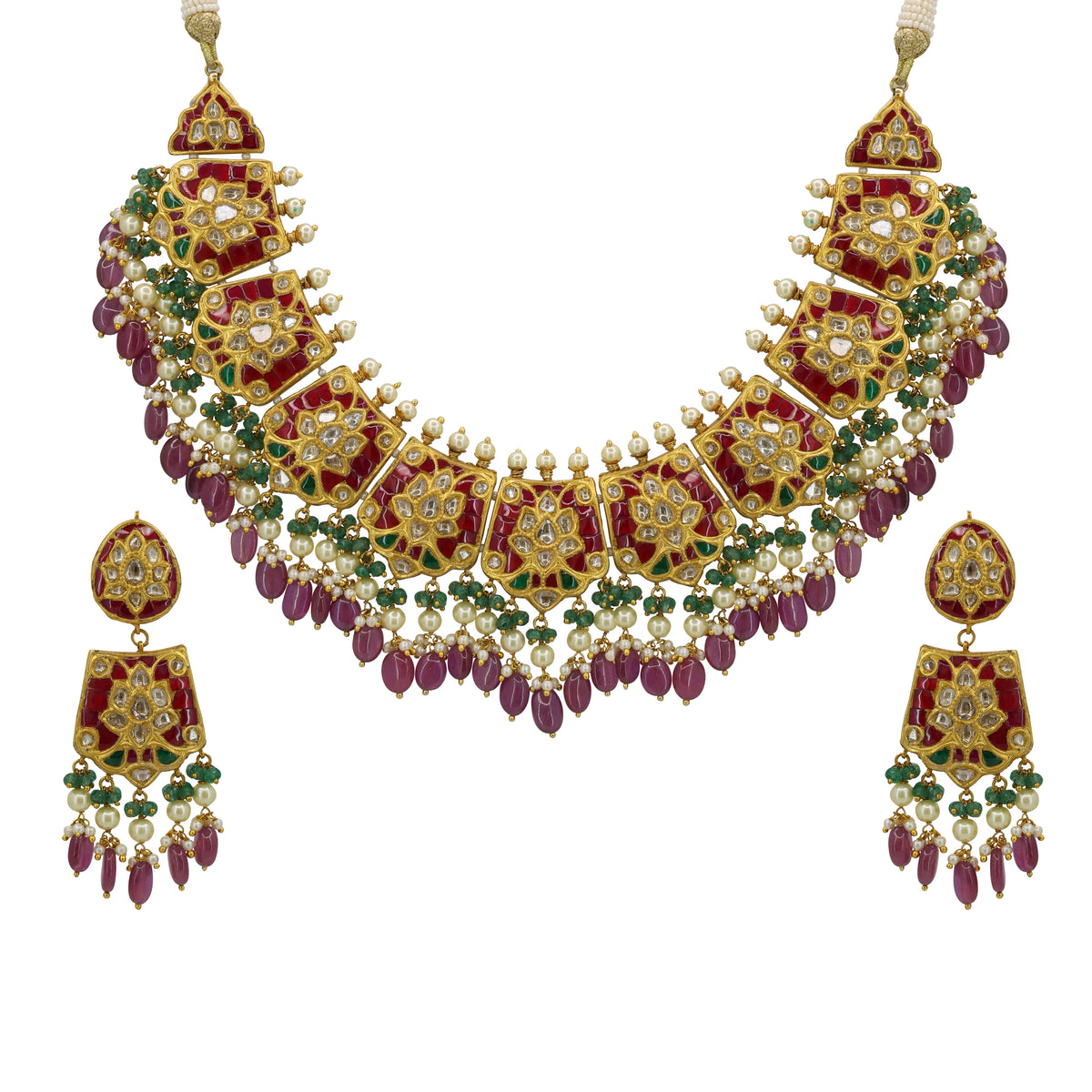 Royal Floral Polki Diamond Choker Set with Ruby Beads & Pearl Droplets