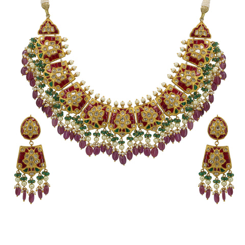 Royal Floral Polki Diamond Choker Set with Ruby Beads & Pearl Droplets