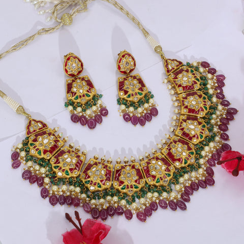 Royal Floral Polki Diamond Choker Set with Ruby Beads & Pearl Droplets