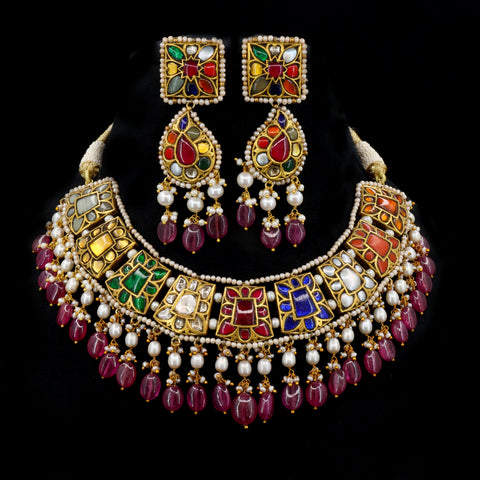 Navratna & Syndicate Polki Pearl String Necklace with Matching Earrings