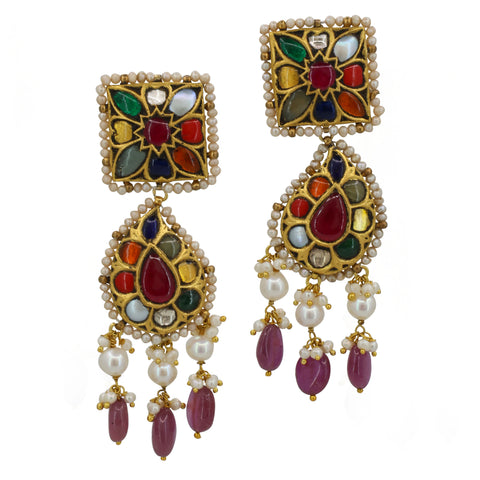 Navratna & Syndicate Polki Pearl String Necklace with Matching Earrings