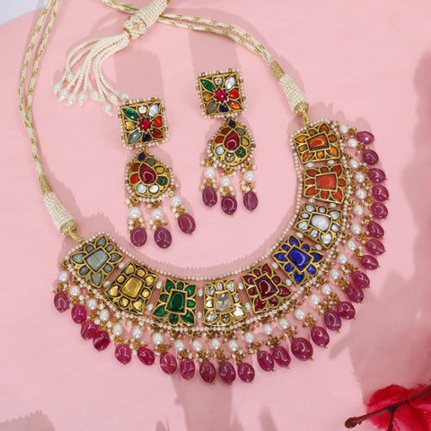 Navratna & Syndicate Polki Pearl String Necklace with Matching Earrings