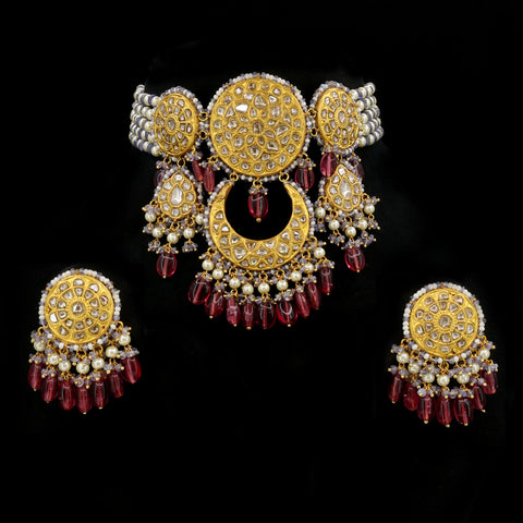 Natural Syndicate Polki Diamond Choker Set with Tanzanite Strings and Ruby Glass-Filled Beads