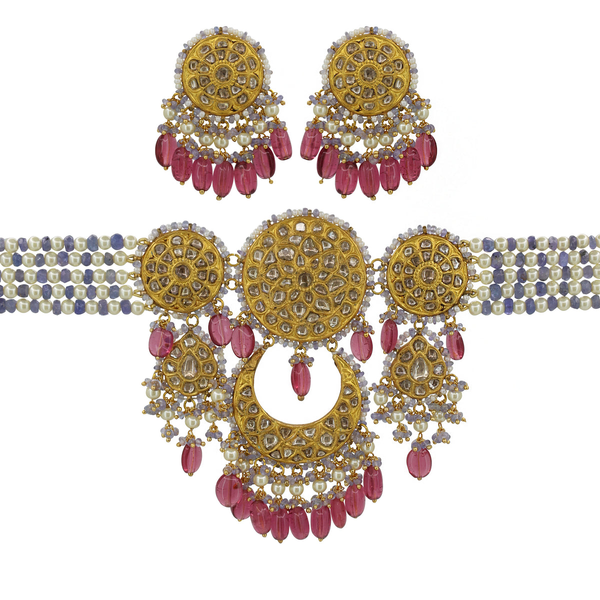 Natural Syndicate Polki Diamond Choker Set with Tanzanite Strings and Ruby Glass-Filled Beads