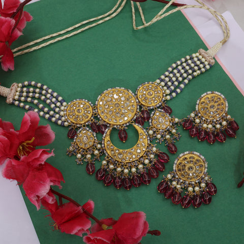Natural Syndicate Polki Diamond Choker Set with Tanzanite Strings and Ruby Glass-Filled Beads