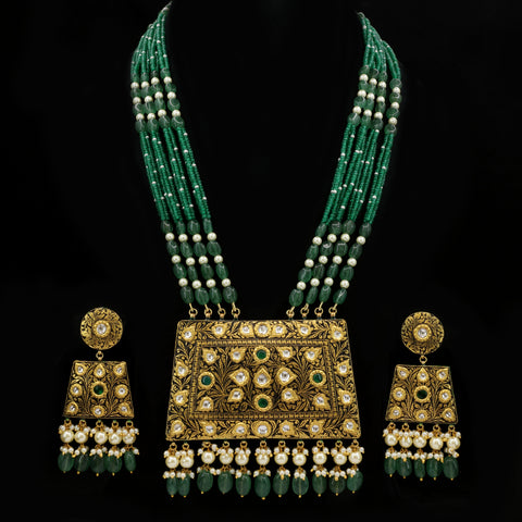 Regal Emerald & Polki Diamond Floral Pendant Jewelry Set