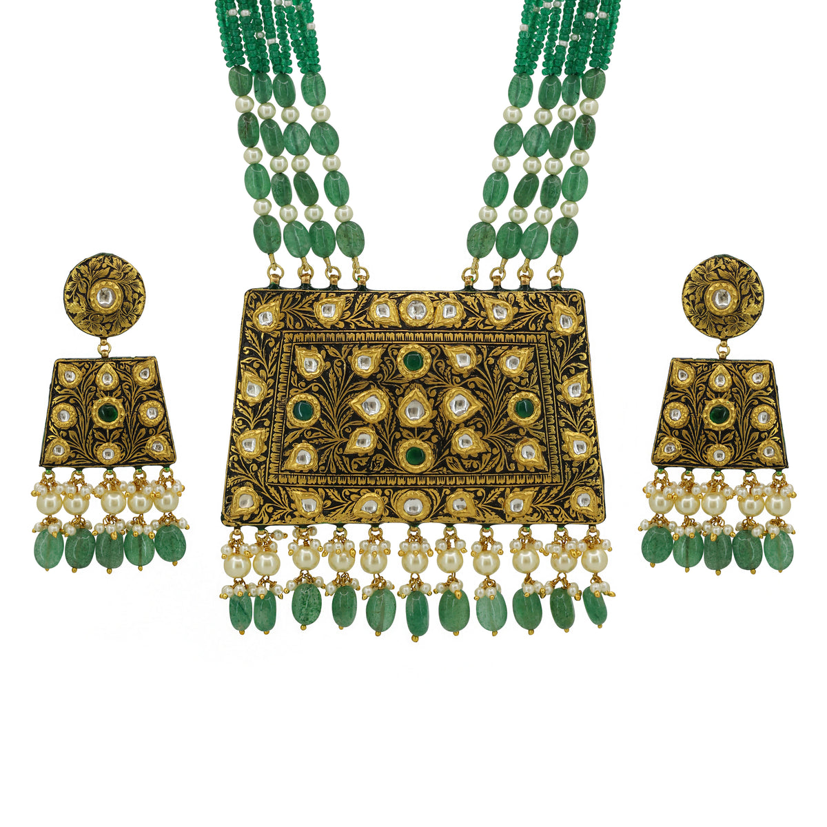 Regal Emerald & Polki Diamond Floral Pendant Jewelry Set