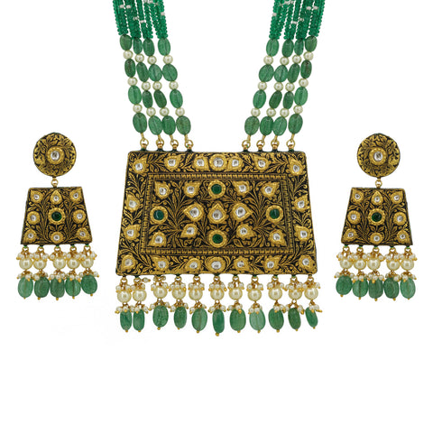Regal Emerald & Polki Diamond Floral Pendant Jewelry Set