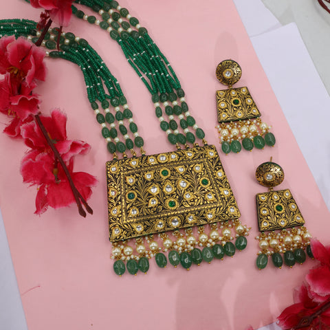 Regal Emerald & Polki Diamond Floral Pendant Jewelry Set