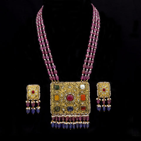 Navratna Polki Diamond Square Pendant Set with Ruby & Pearl Drops
