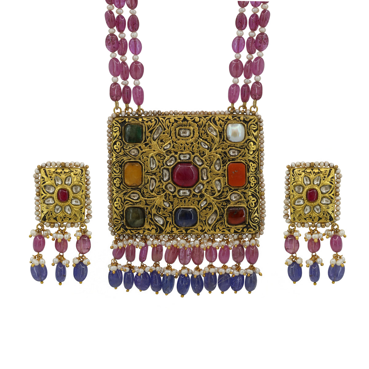 Navratna Polki Diamond Square Pendant Set with Ruby & Pearl Drops