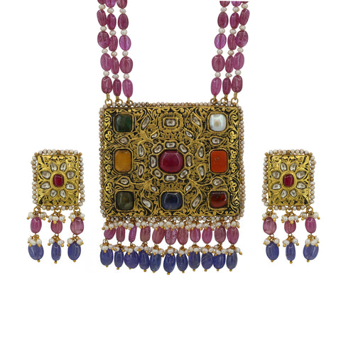 Navratna Polki Diamond Square Pendant Set with Ruby & Pearl Drops